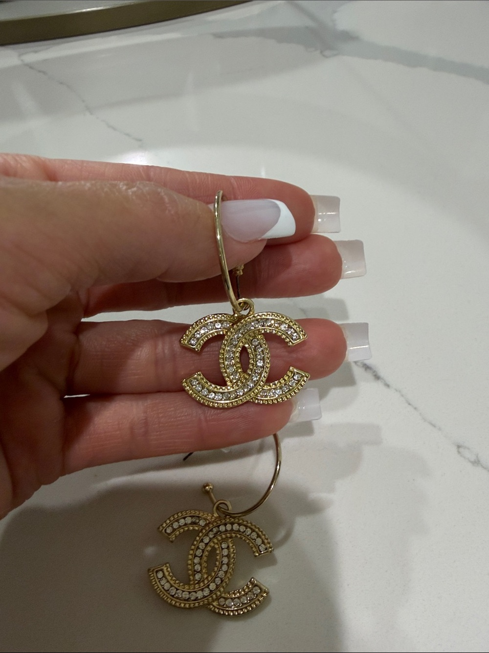 Gold Crystal Interlocking Logo Drop Earrings - Designer Style - Picture 2 of 3